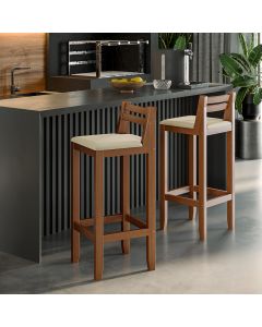 Conjunto 2 Banquetas em Madeira Maciça Ibiza Balcão 98 Cm - Malbec Assento Off White